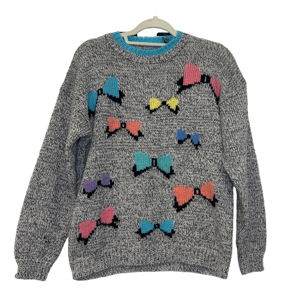 Gitano Sweaters - Gitano Vintage 80s-90s Black and White Knit Sweater with Colorful Bows Design